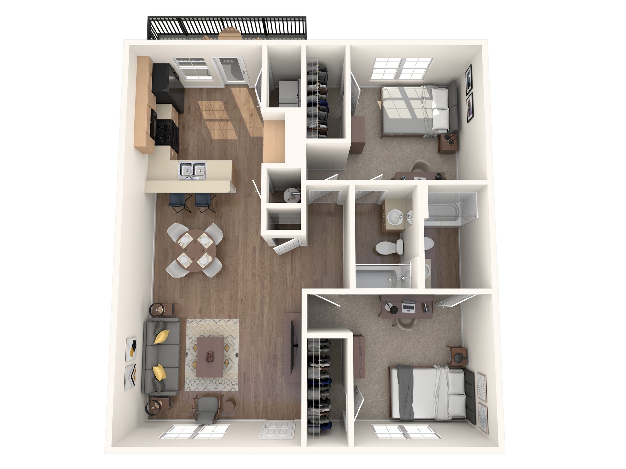 A 3D image of the 2BR/2BA – B1 floorplan, a 1120 squarefoot, 2 bed / 2 bath unit