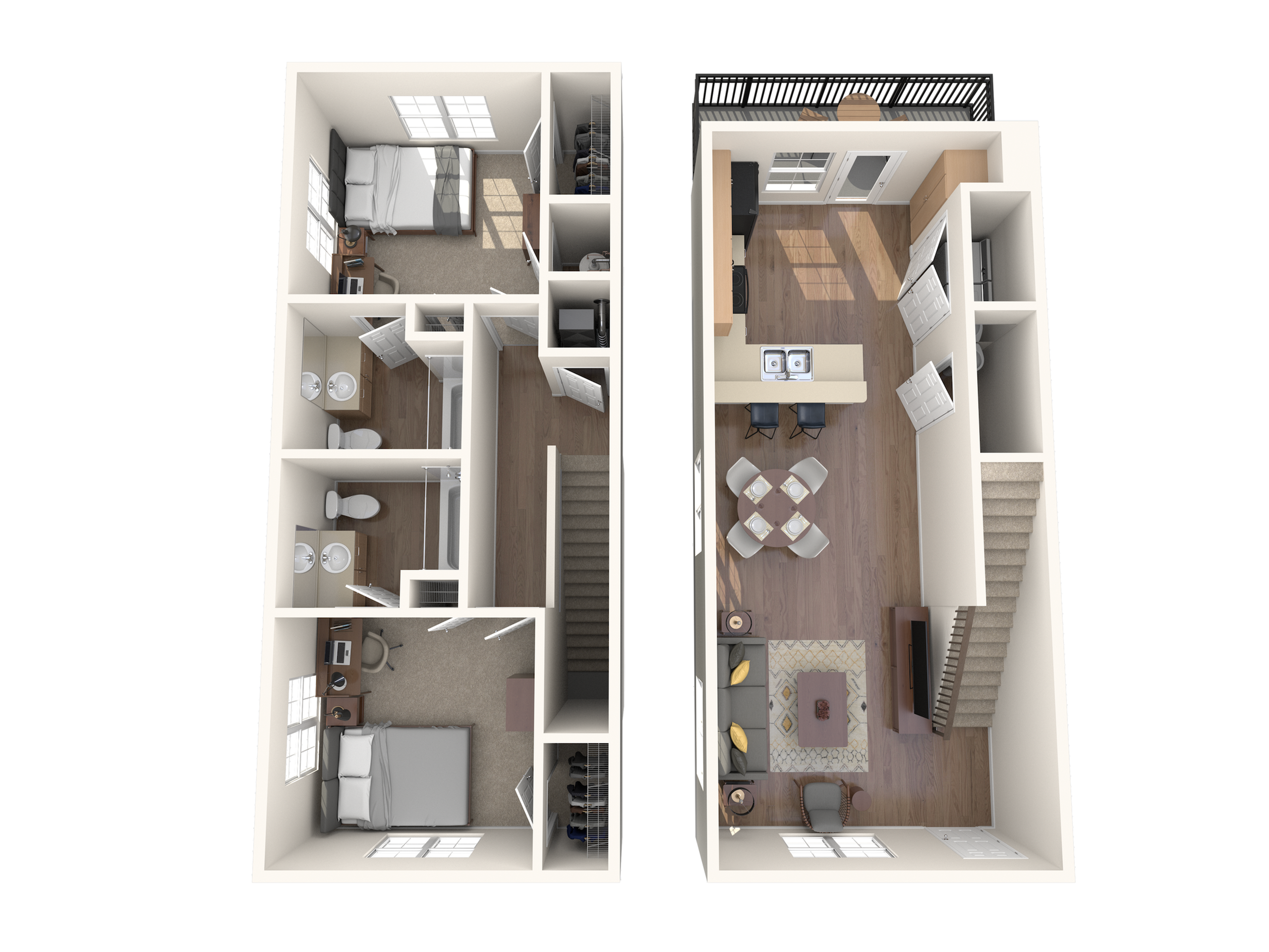 A 3D image of the 2BR/2BA – B2 floorplan, a 1168 squarefoot, 2 bed / 2.5 bath unit