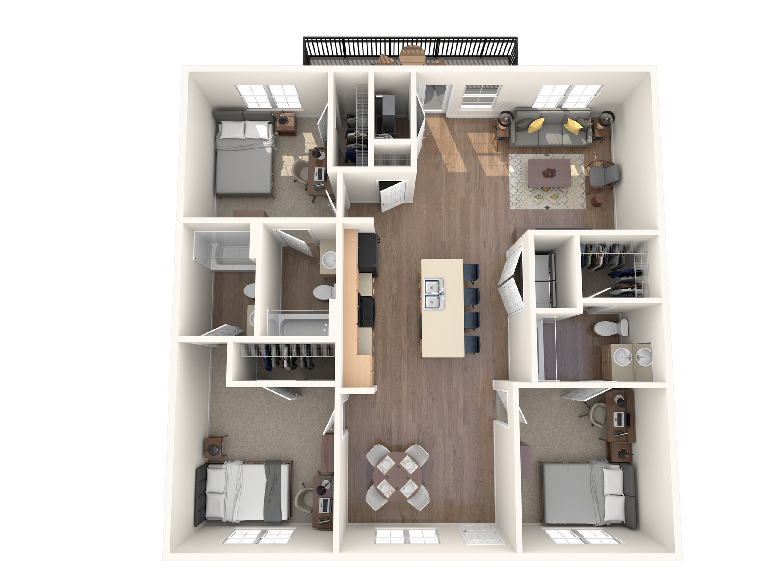 A 3D image of the 3BR/3BA – C1 floorplan, a 1369 squarefoot, 3 bed / 3 bath unit