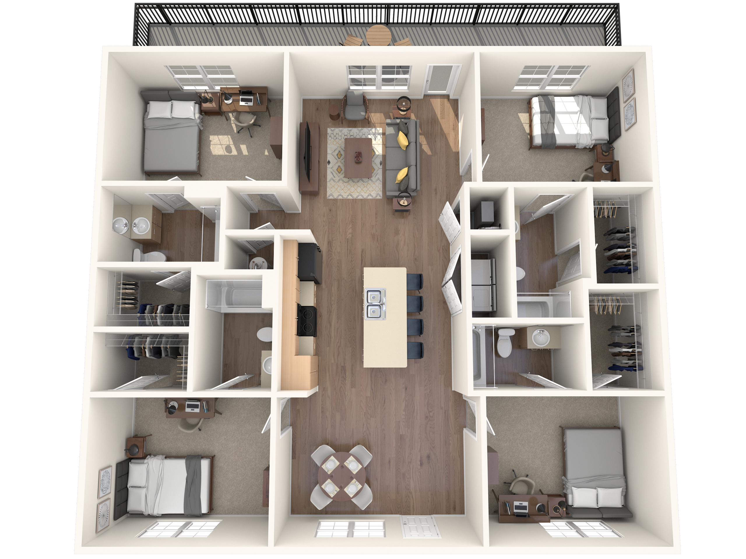 A 3D image of the 4BR/4BA – D1 floorplan, a 1634 squarefoot, 4 bed / 4 bath unit