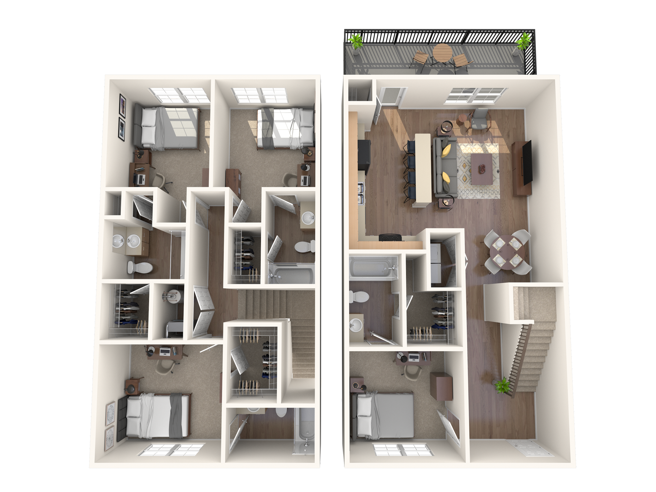 A 3D image of the 4BR/4BA – D2 floorplan, a 1634 squarefoot, 4 bed / 4 bath unit