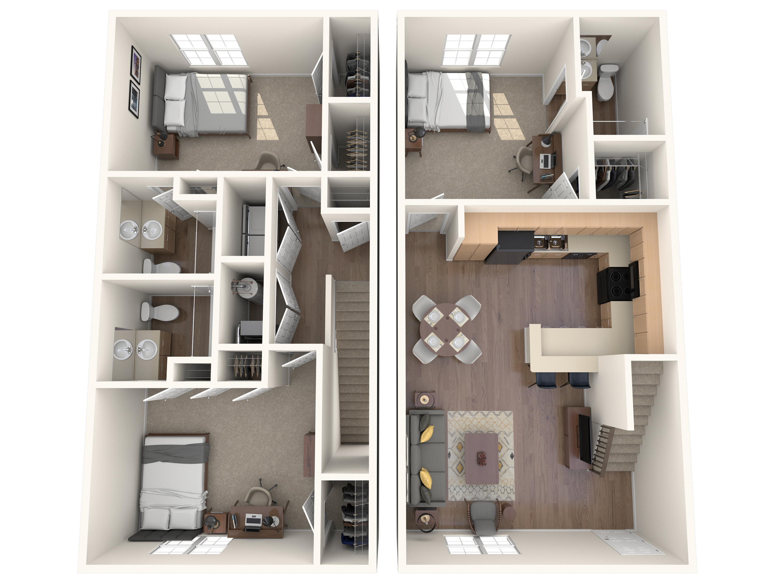 A 3D image of the 3BR/3BA – Townhome floorplan, a 1369 squarefoot, 3 bed / 3 bath unit