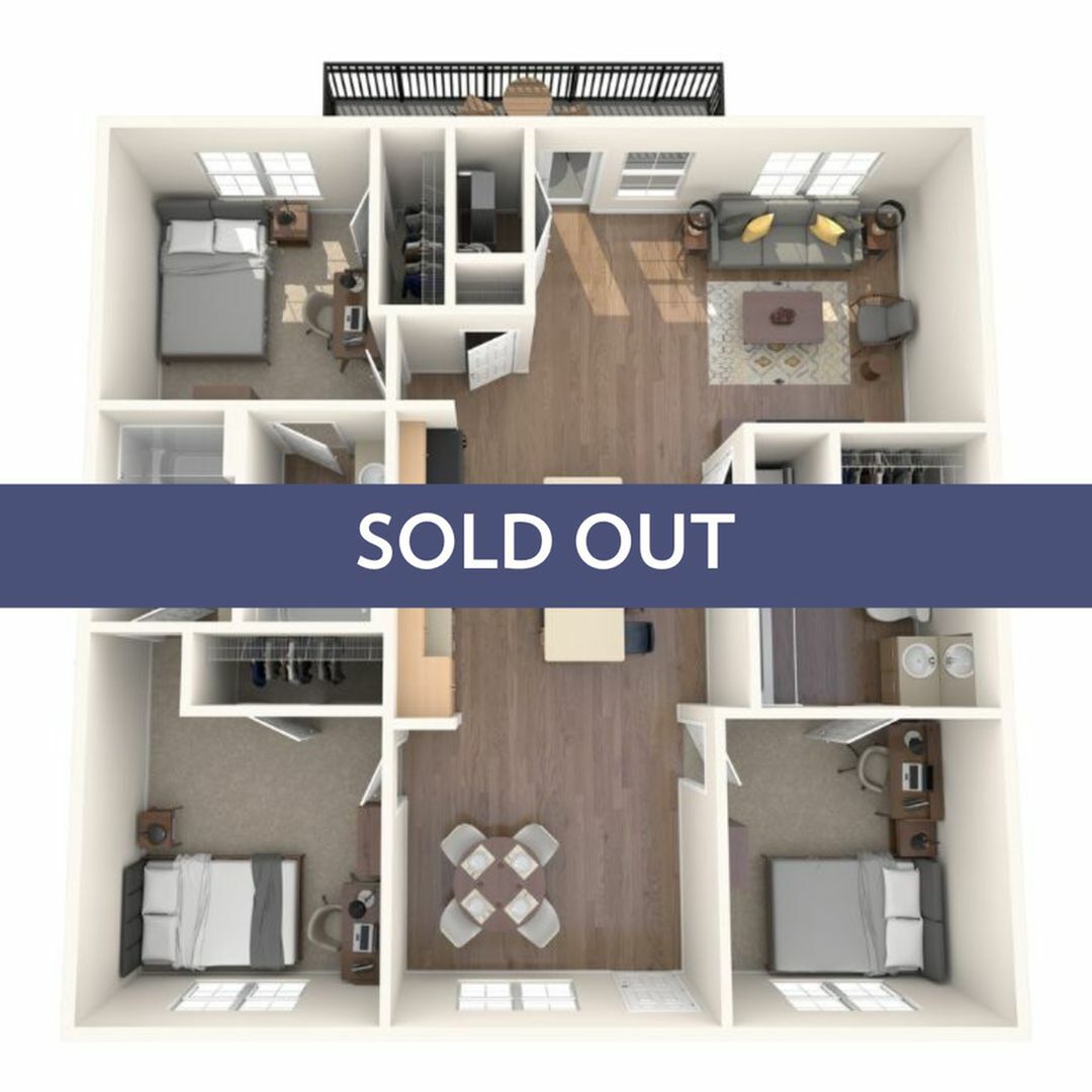 A 3D image of the 3BR/3BA – Flat floorplan, a 1369 squarefoot, 3 bed / 3 bath unit
