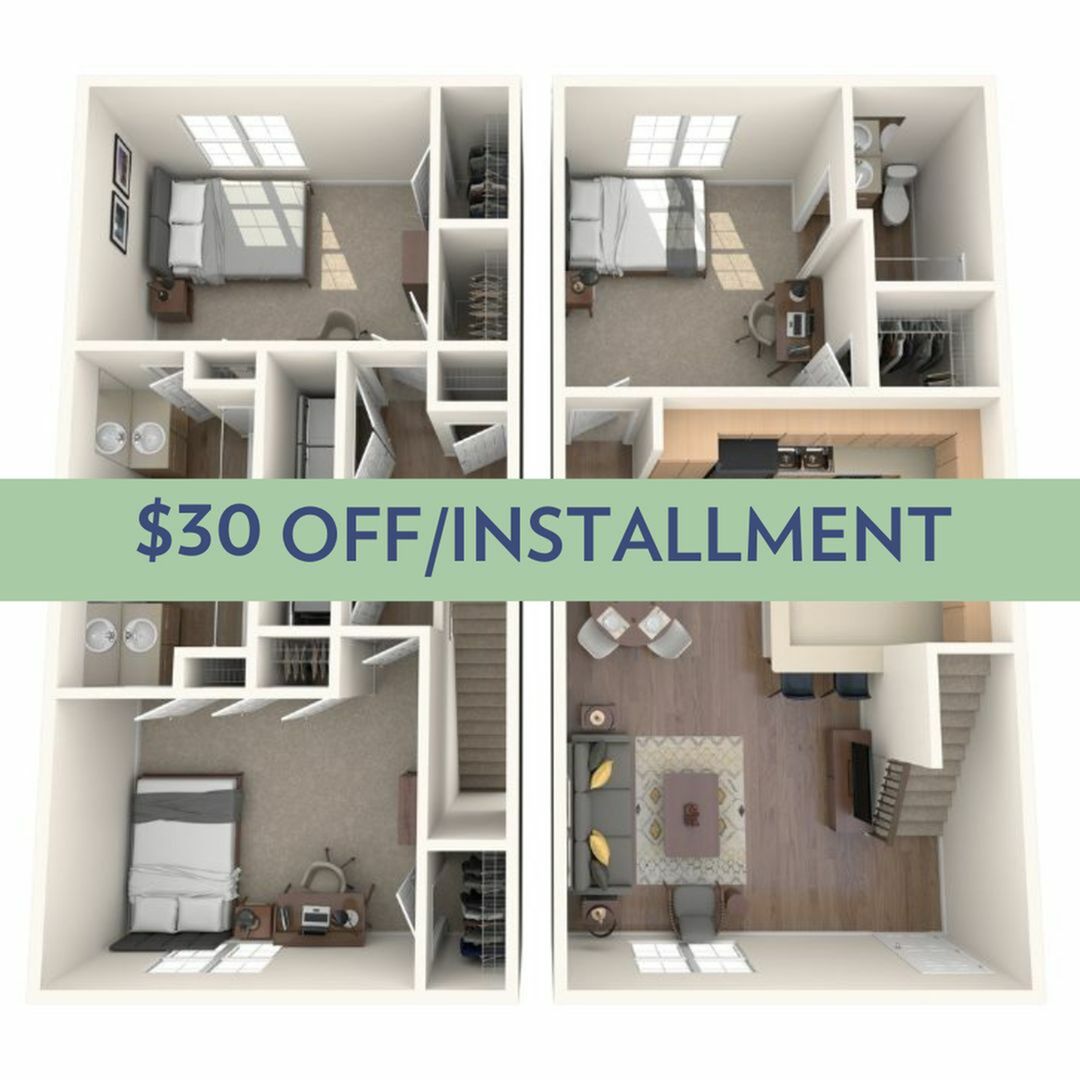 A 3D image of the 3BR/3BA – Townhome floorplan, a 1369 squarefoot, 3 bed / 3 bath unit