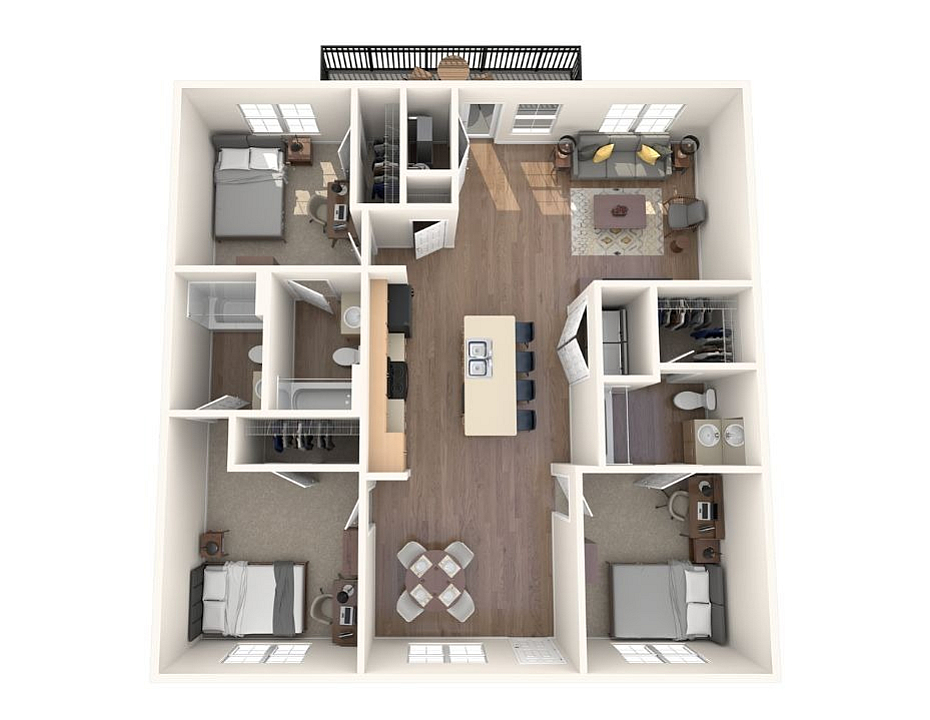 A 3D image of the 3BR/3BA – Flat floorplan, a 1369 squarefoot, 3 bed / 3 bath unit