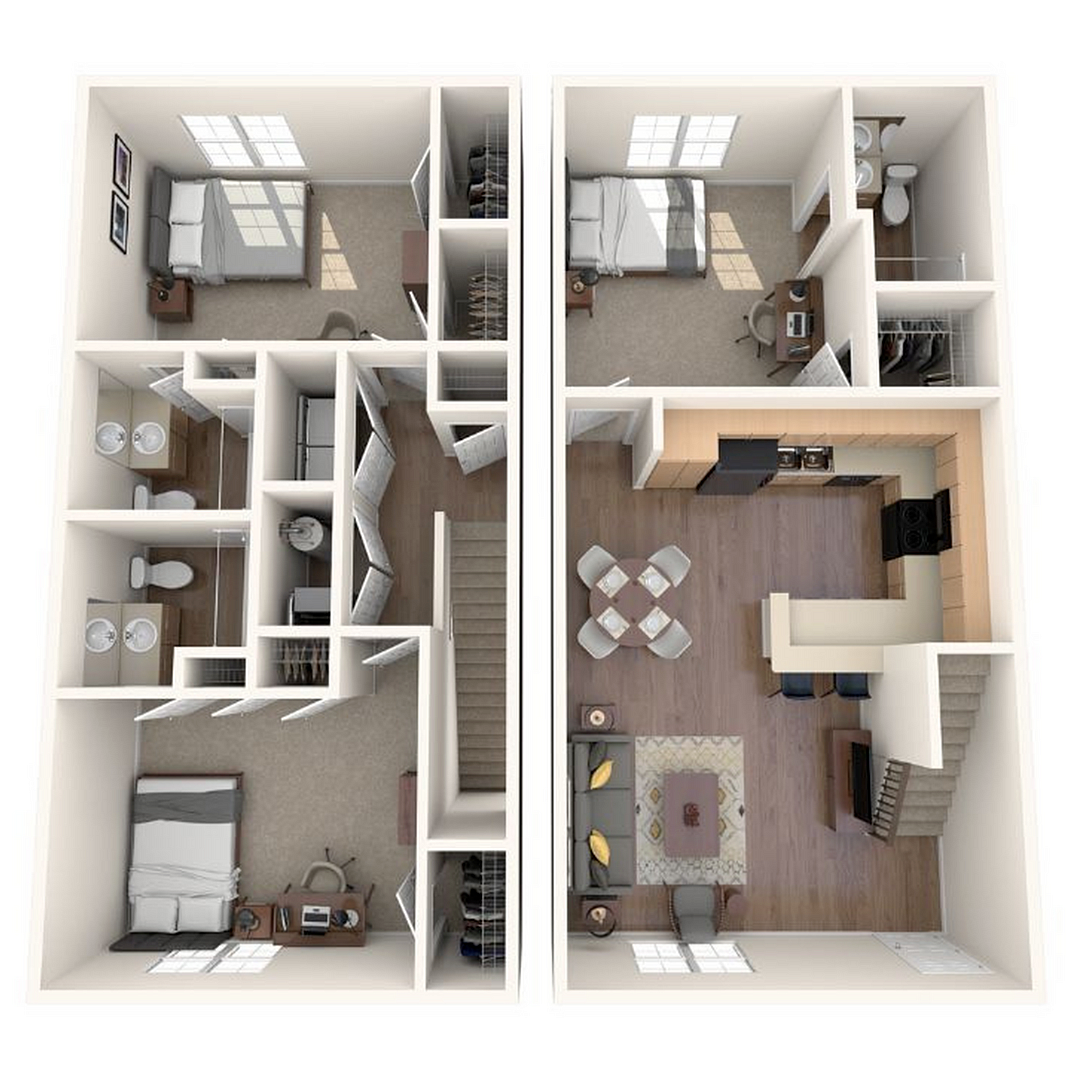 A 3D image of the 3BR/3BA – Townhome floorplan, a 1369 squarefoot, 3 bed / 3 bath unit